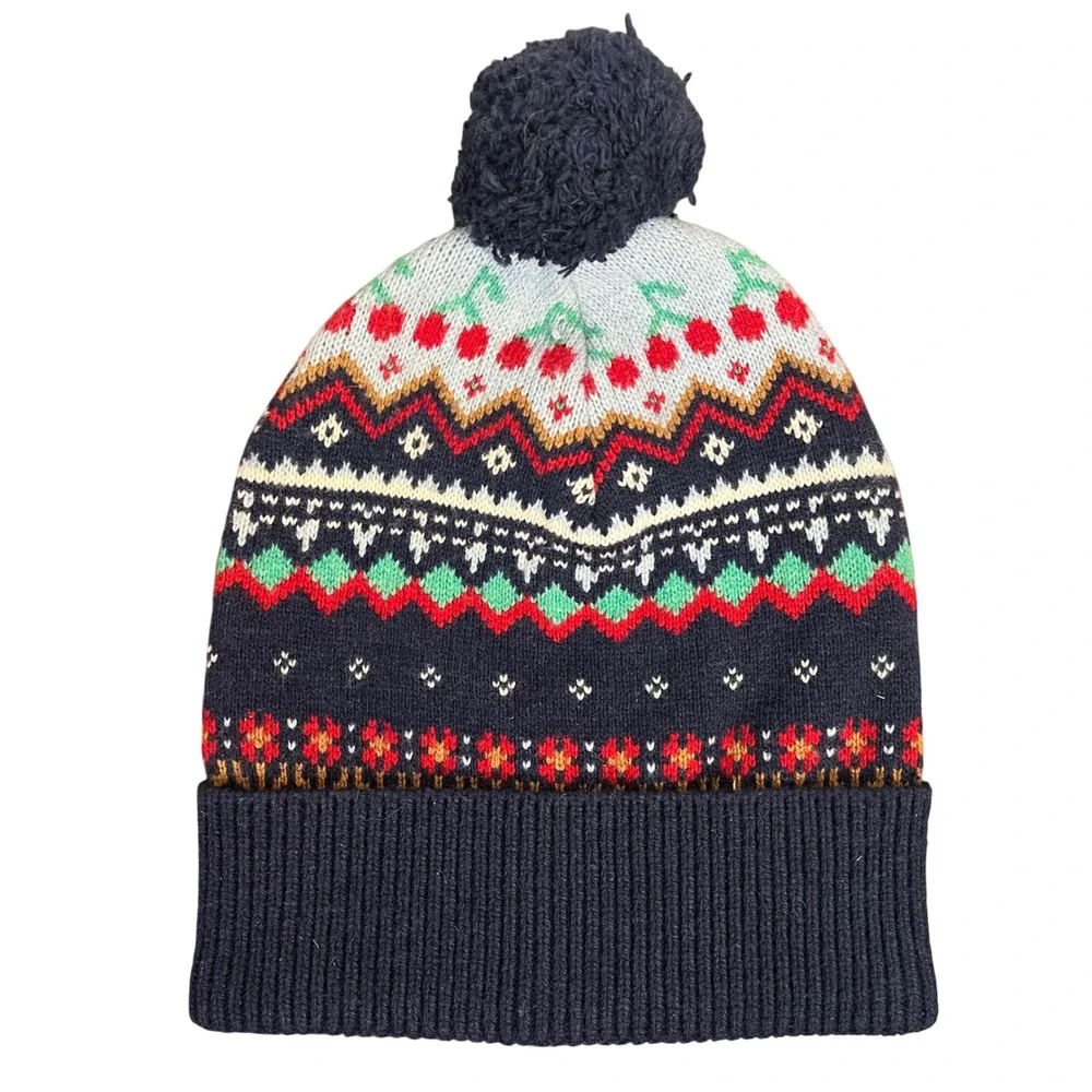 Crewcuts Kids Fair Isle Cherry Pom-Pom Beanie Navy Wool Blend Hat BM620 L-XL